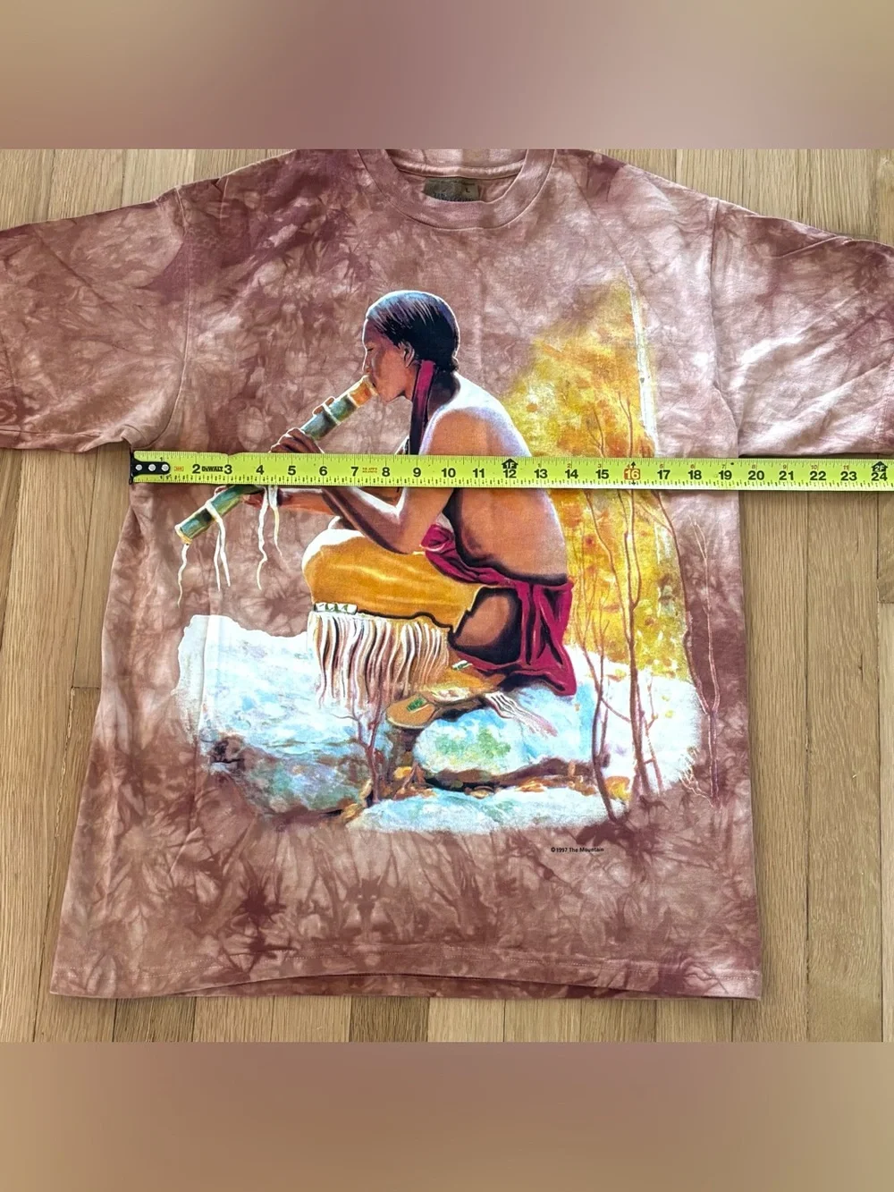 Vintage 1997 The Mountain Native American Flute Player T Shirt L Leather Tag